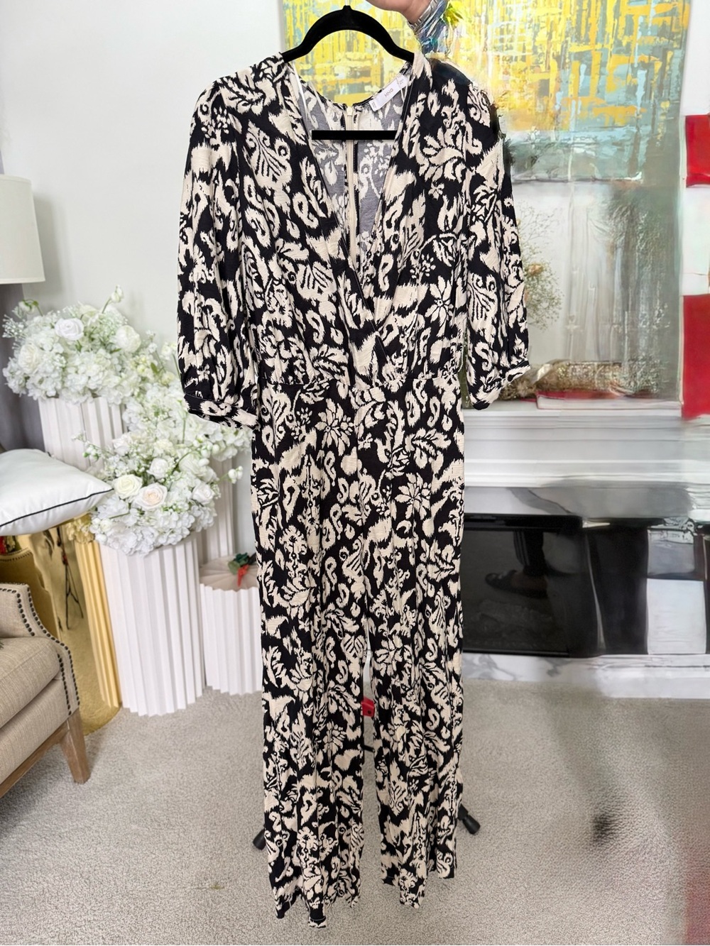 NWOT - Mango Black and Cream Floral Jumpsuit Medium